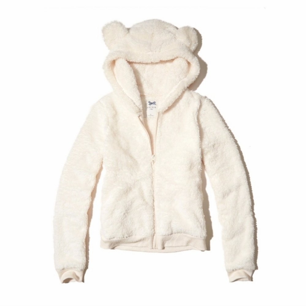 Hollister Animal Hooded White Fur Zip Up Sweater